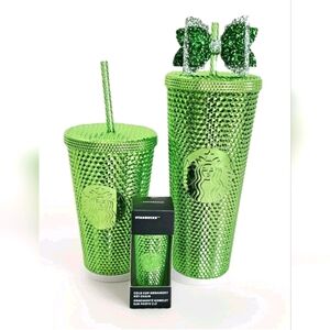 Starbucks, Metallic/Green, set of 4, Venti, Grande, & Bow (FREE- Keych)